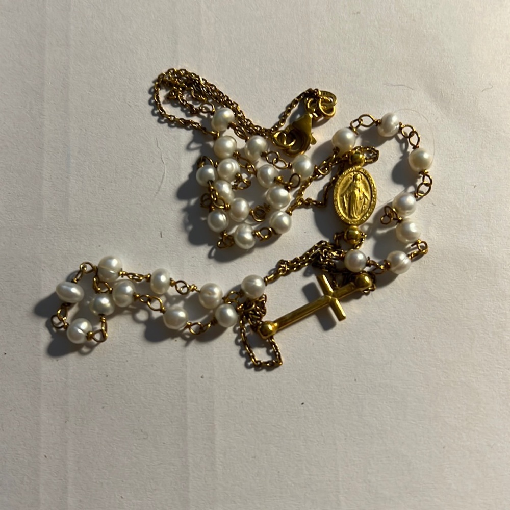 18k gold over .925 rosary style Pearl necklace